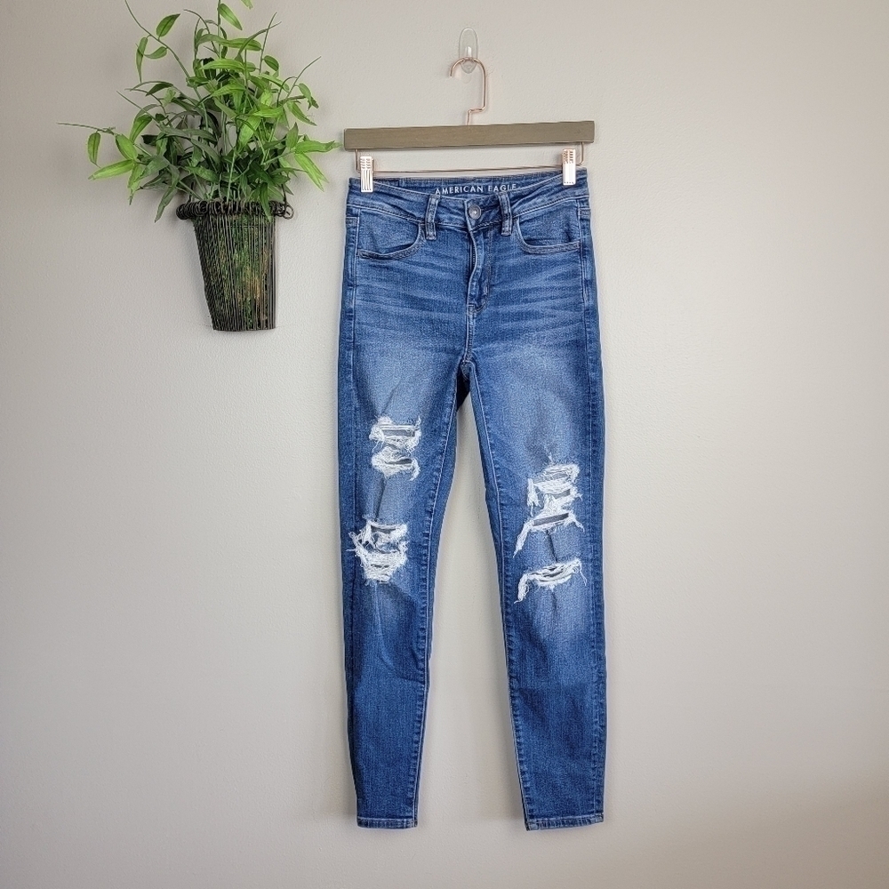 American Eagle Hi Rise Jegging Distressed Skinny Medium Wash Stretch Jeans AE 4